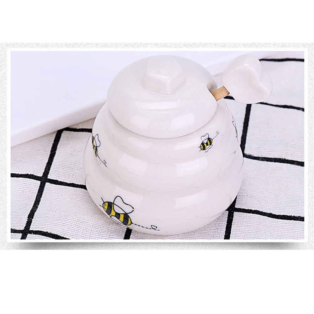 

5 шт., набор керамических горшков для меда, крышка, ковш, безопасное использование, украшение для кухни, крышка с рисунком пчелы, керамическая банка для меда, набор банок и ковшочек
