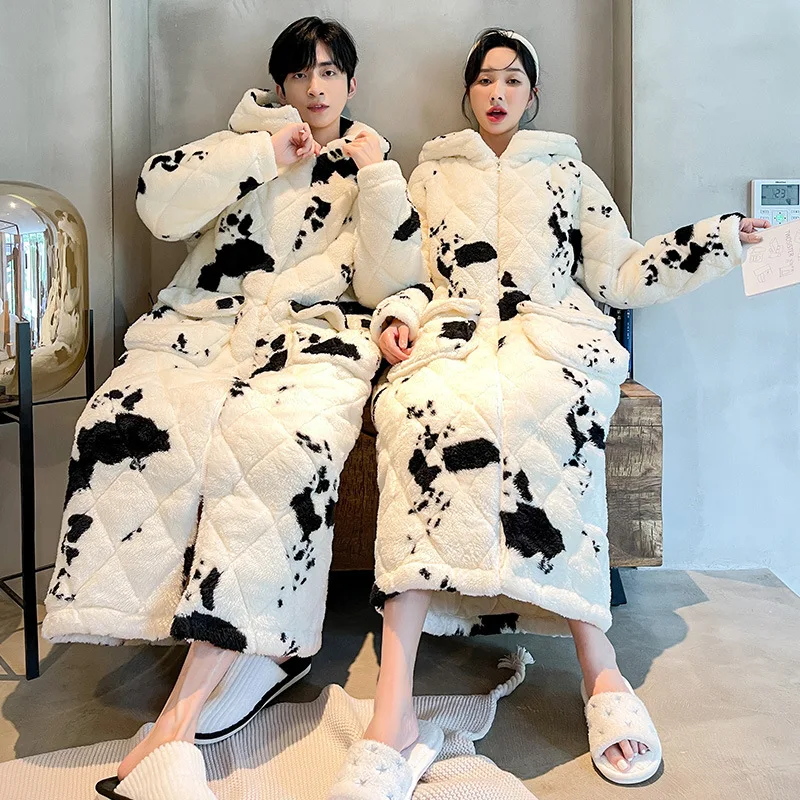 Loose Home Wear with Pockets Flannel Cotton-Padded Long Robe Bathrobe Loungewear Winter Thickened Warm Hoodede Couple Sleepwear