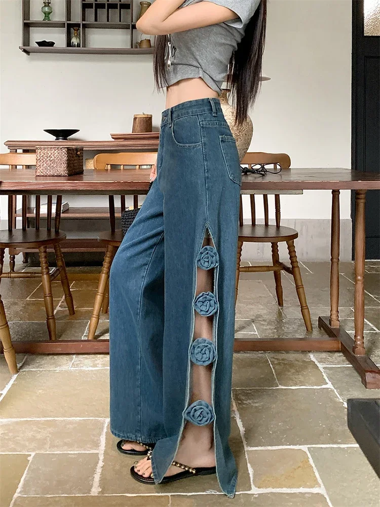 

3D Floral Hollow Out Women Jeans Split Hotsweet Summer Casual Fashion Full Length Denim Pants Blue Streetwear Loose Trousers
