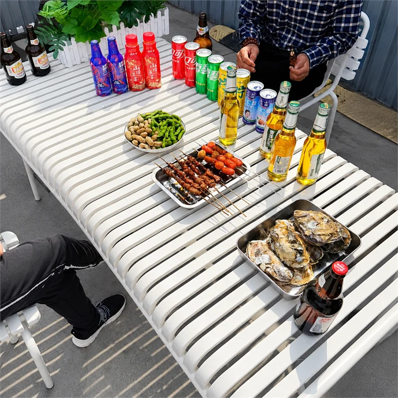 #Modern Minimalist Iron Outdoor Table Bench Set Powder Coated Metal Frame Patio Dining Furniture for Cafe Restaurant Park Use