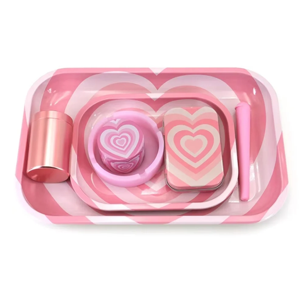 

7pcs Pink Love Pattern Smoking Set Metal Rolling Tray Tobacco Herbal Grinder Ashtray Tin Box Gifts for friends
