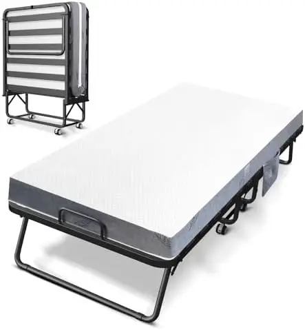 Folding Bed with Mattress, Portable Rollaway Guest Bed for Adults, Strong Metal Frame and Wood Slat, Side Storage