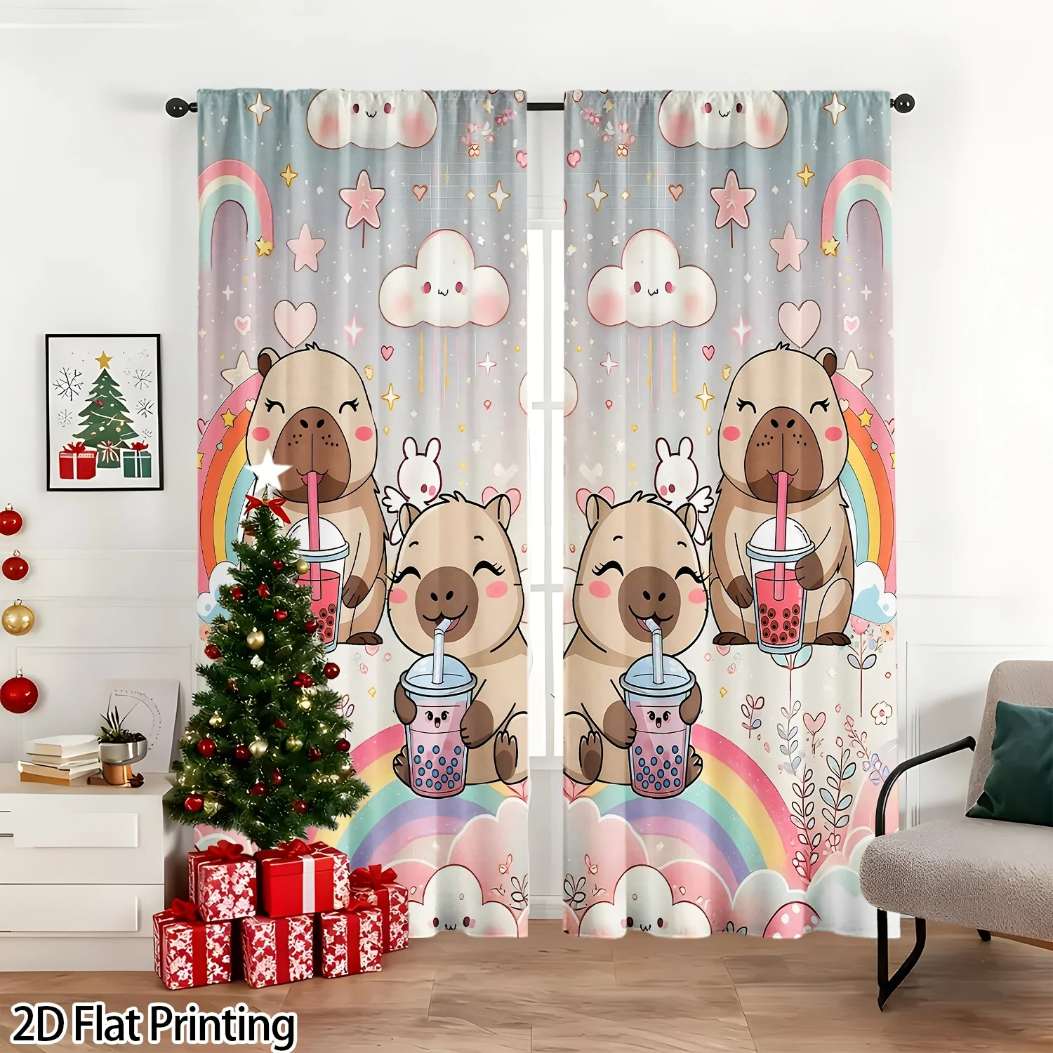Cute Pug Dog Drinking Bubble Tea Curtain Kawaii Rainbow Cloud Pattern Drape Cartoon Pet Window Treatment for Kids Bedroom Living