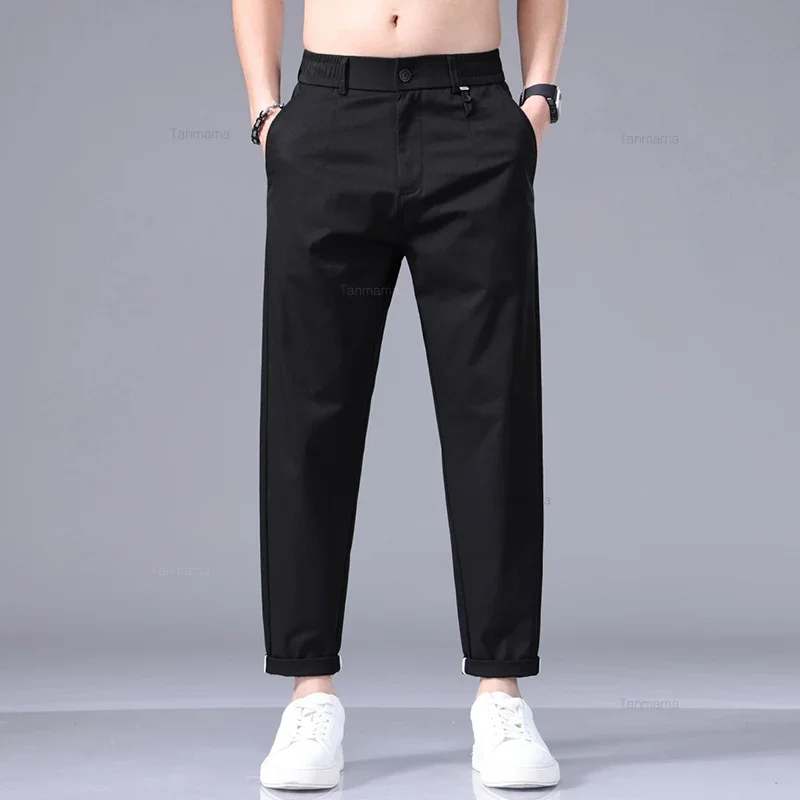 Ice Silk Ultra-thin Men\'s Casual Pants Summer Fashion Solid Color Loose Business Straight Ankle Length Trousers Black Gray Khaki