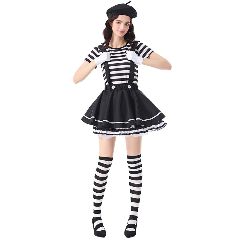 Adult Women's Striped Clown Skirt Suit loween Performance Costume Slapsti Mime Outfit Circus Comedy Skirt Ensemble