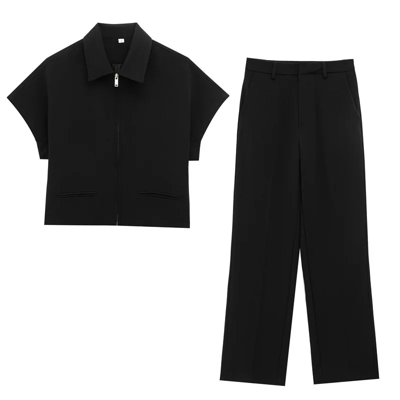 

New In Matching Sets Sports Suit Womens Tracksuit Lapel Short Sleeve Short Top Straight Pants Sets Elegant Black Two Pieces Set