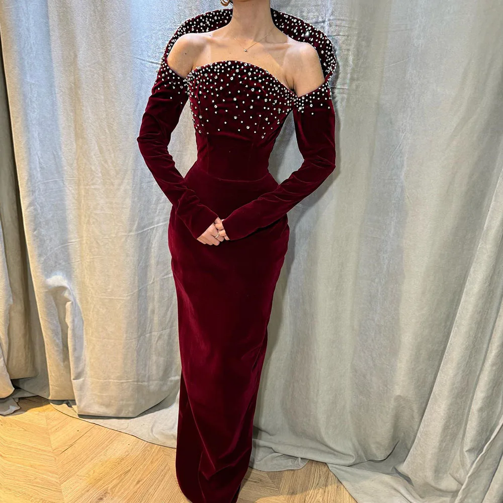 

Customized Straight Evening Dresses Floor-Length Off The Shoulder Full Sleeve Prom Gown Simple Fashion Crystal Casual Party Gown