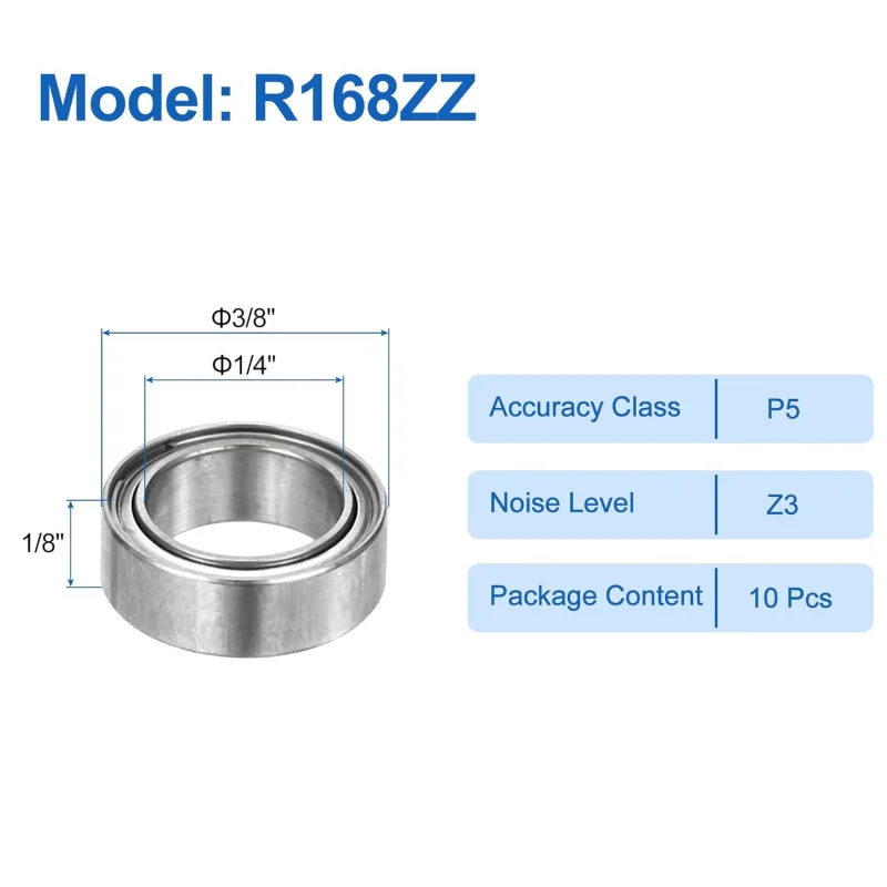 10pcs R168ZZ Deep Groove Ball Bearings 1/4' ID X 3/8' OD X 1/8' Height Miniature Bearings Double Metal Shielded Chrome Steel