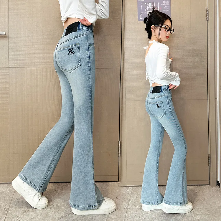 2025 Girls High Waist Streetwear Flare Jeans Female Elastic Grunge Bell Bottom Pants Kids Girls Fashion Blue Denim Trousers