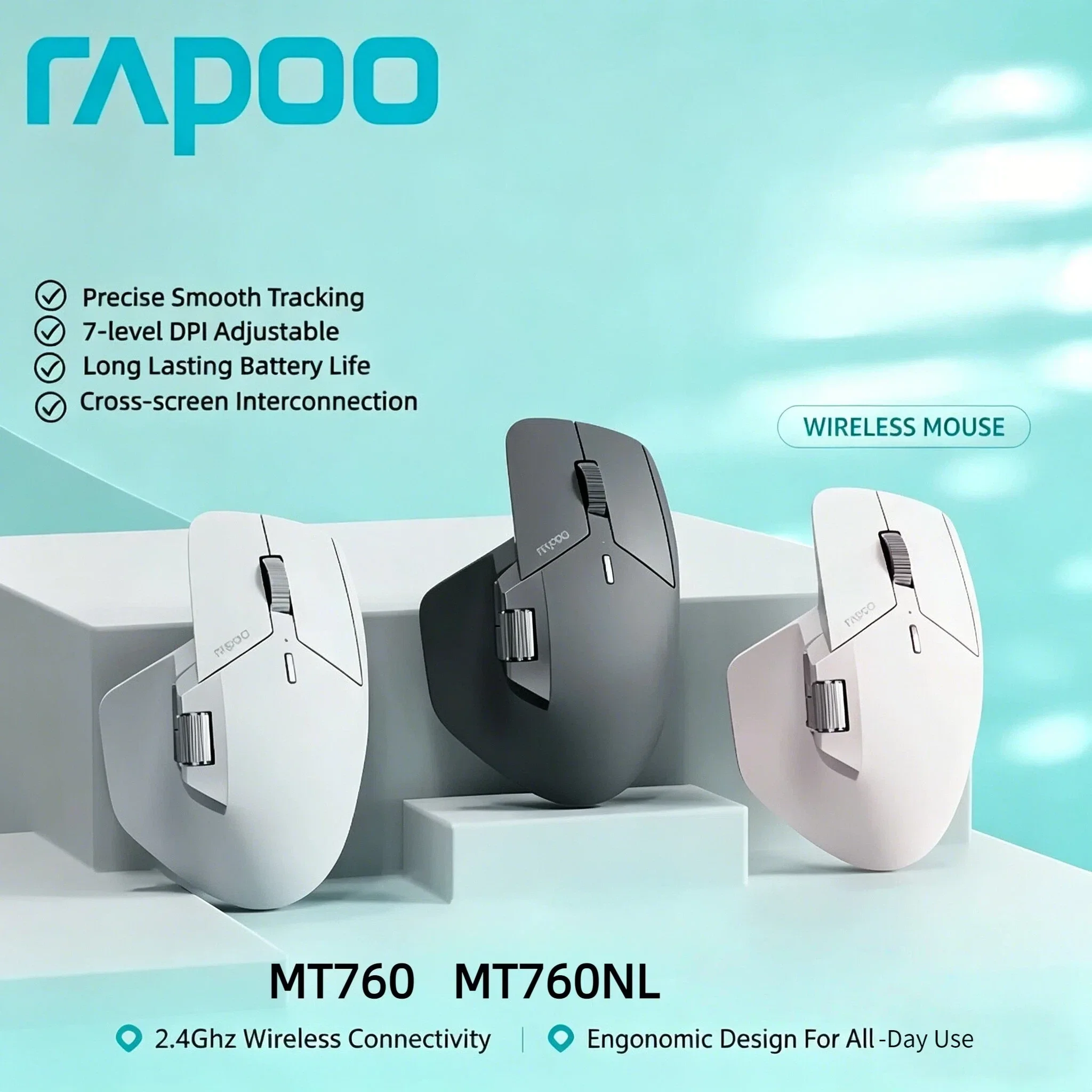 Rapoo Rechargeable Multi-mode Mouse MT760 MT760Mini Bluetooth Wireless Ergonomic 4000 DPI Support Up to 4 Devices For Office