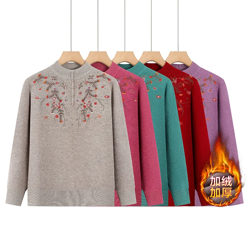 

New Autumn Winter Middle-aged Women Knitted Sweater Pullover Half-high Collar Embroidered Long Sleeve Velvet Sweater Female Tops