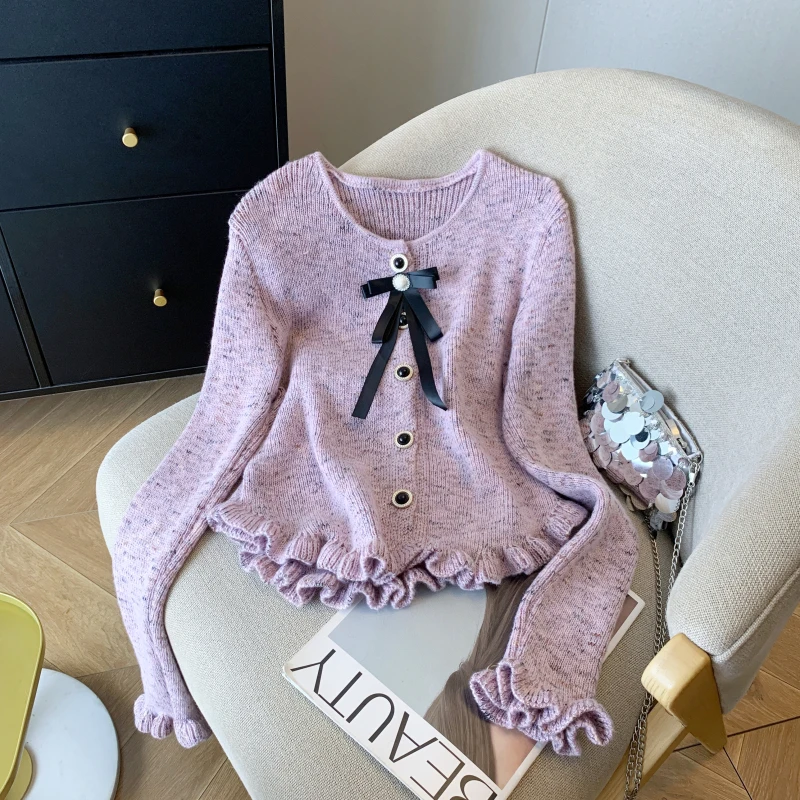 Women\'s Winter Bow Round Neck Long Sleeve Sweater Lotus Sleeves Fashion Academy Retro 2000s Cute Sweater Top 2024 Clothing New