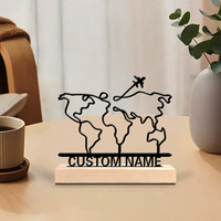 1pc Fashion Customized Text Travel Round The World map Tin Ornament With Wood Base Art Figurine With Wood Base Home Table