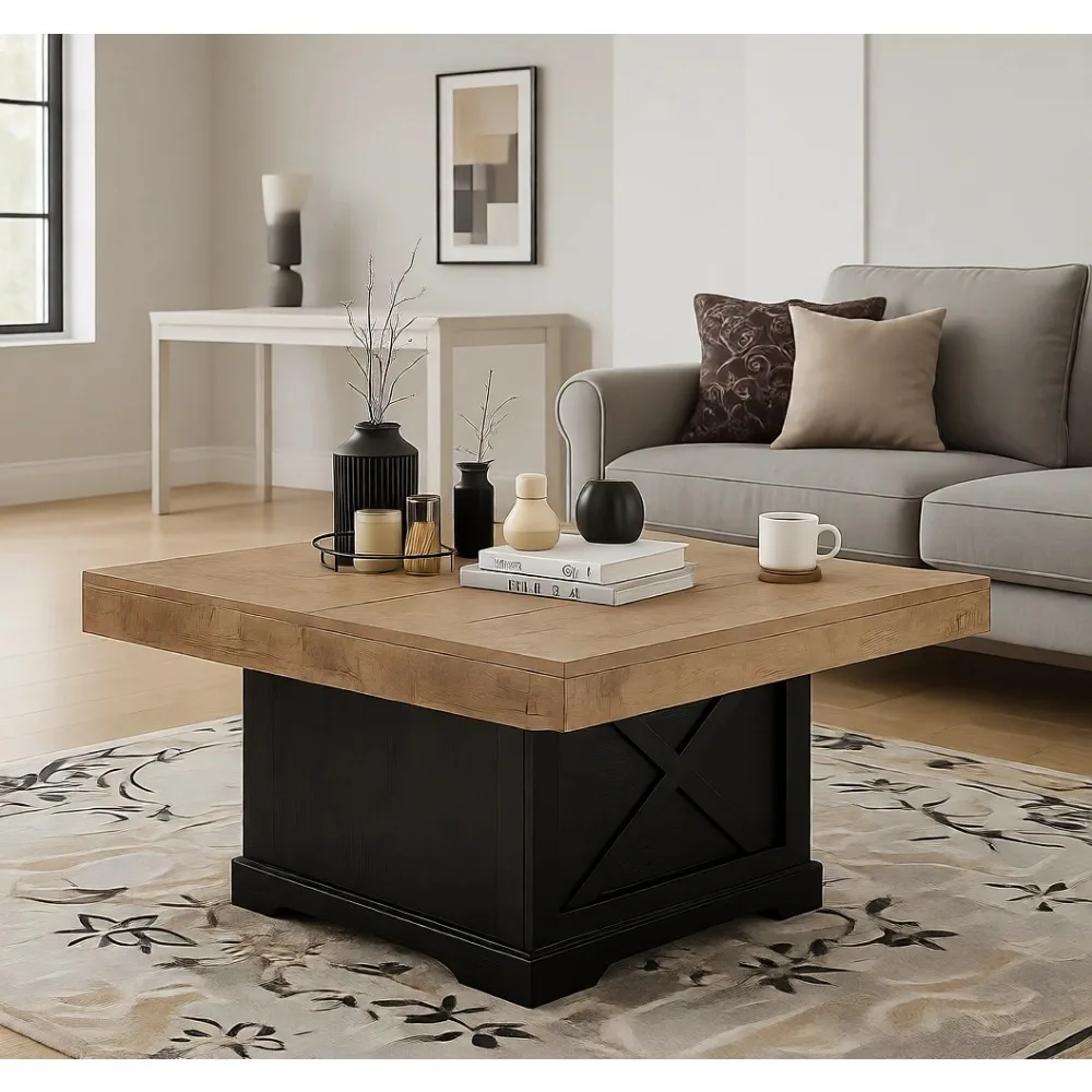 Rustic Coffee Table, 31.5 Inch Square Design, Wooden Pedestal, Suitable for Small Spaces and Home Office