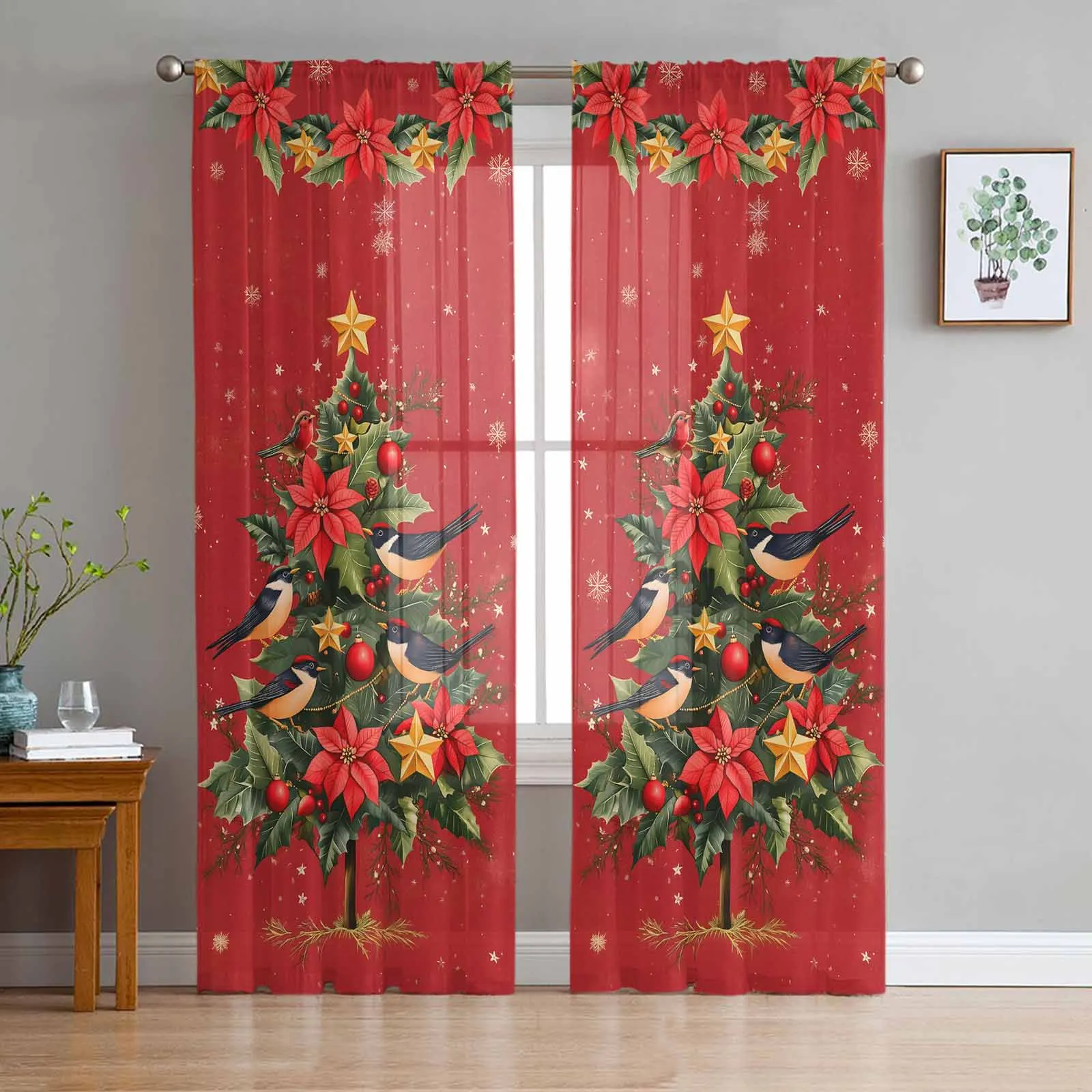 Christmas Winter Plants Flowers Curtains Decorations For Home Window Tulle Curtains For Living Room Bedroom