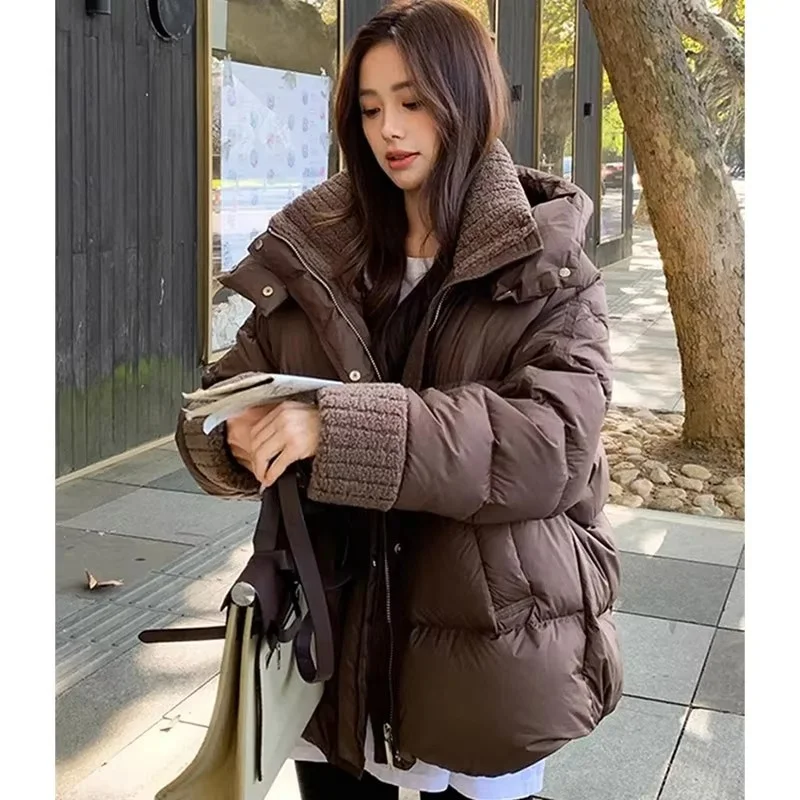 Women Loose Down Cotton Jacket Winter Female Cotton Padded Coat 2024 Ladies Join Together Thickening Lamb Wool Collar Outwear