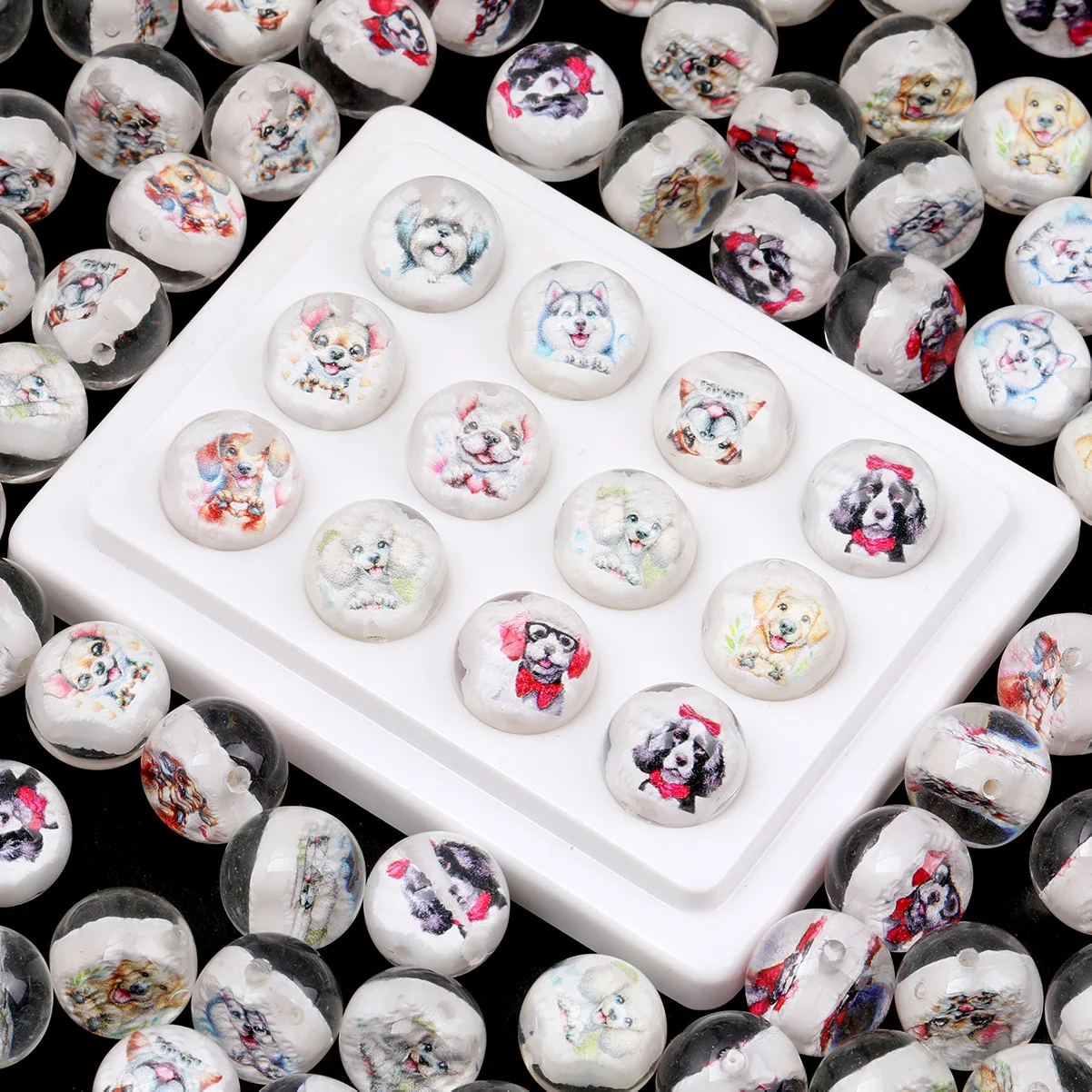 6/18pcs Random Color Acrylic Round Beads 16mm Dog Pattern Loose Spacer Beads For Bracelet Jewelry DIY Craft Making