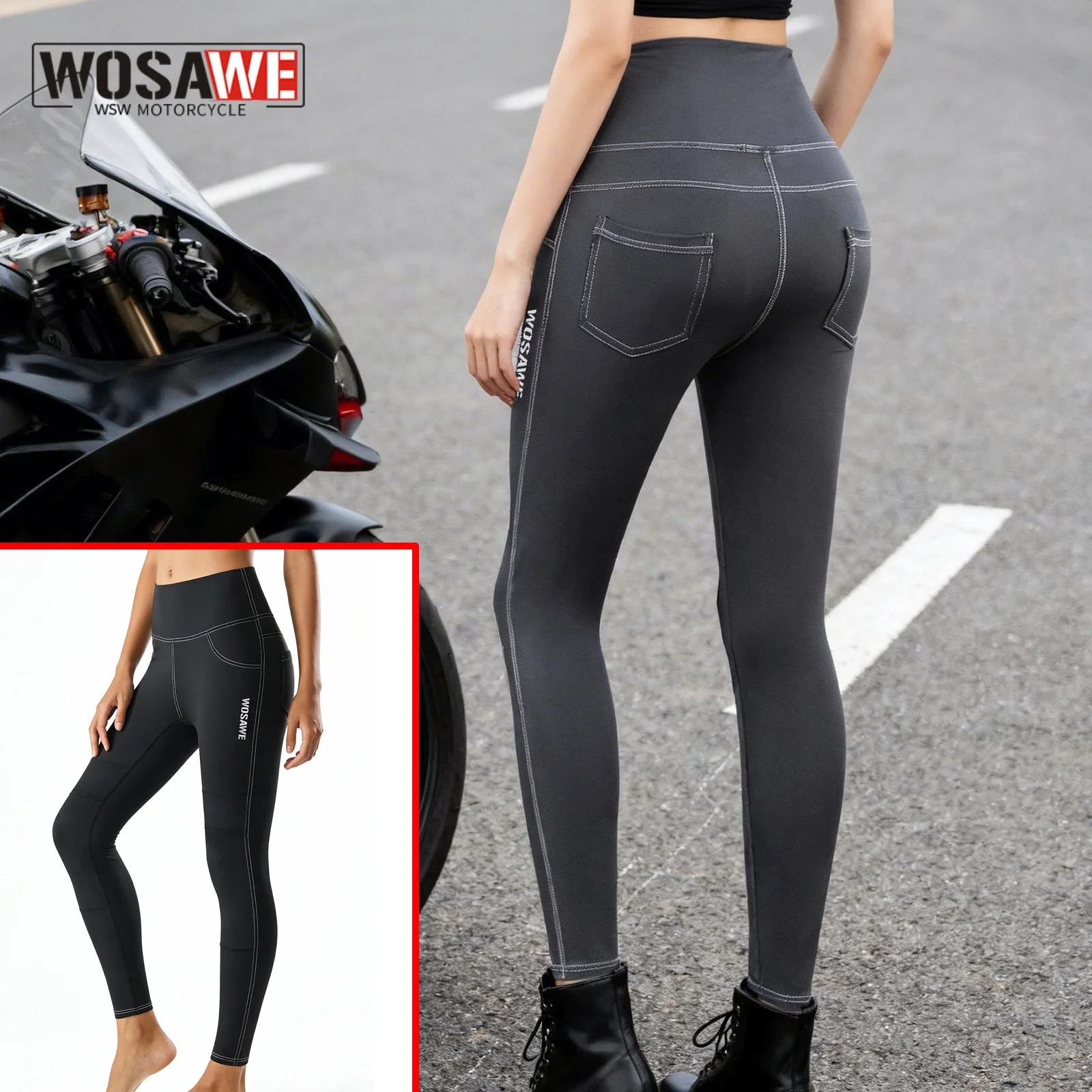WOSAWE Motorcycle Pants Women High Waist Compression Pants Elastic Slim Fit Tights Reflective Daily Casual Riding Clothing