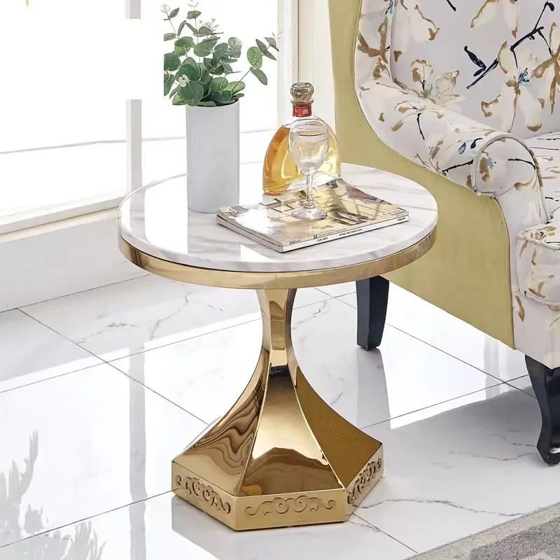 Modern minimalist marble tempered glass small round table stainless steel coffee table