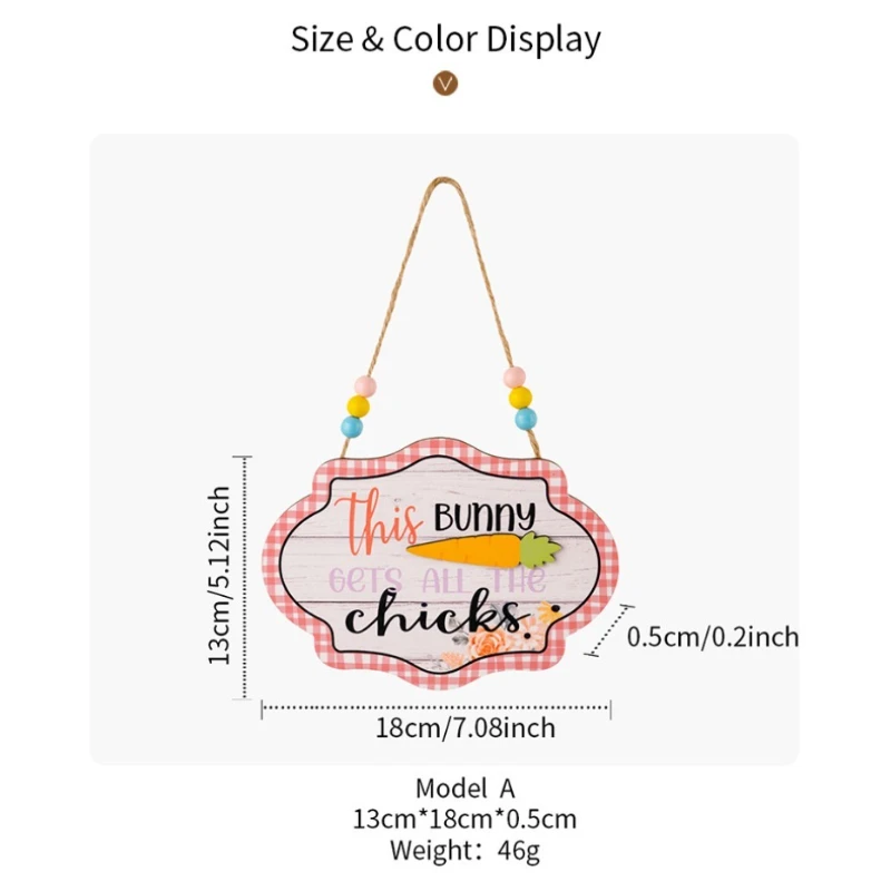 Easter Decoration Plaid Edge Letter Bead String Wooden Pendant Colorful Wood Door Sign Hanging Ornament For Home Festival Party