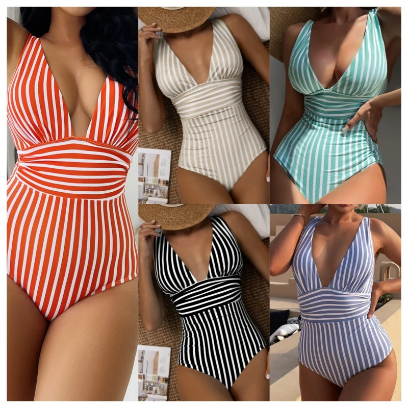 

New One-Piece Swimsuit Sexy Striped Swimwear Women Multi-Color Bikini