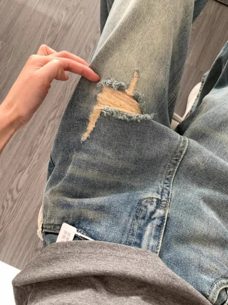 Vintage Trendy Women Wide Leg Hole Jeans Wash Baggy Floor Length Denim Trousers New Y2K Youth Daily Commute Comfort Soft Pants