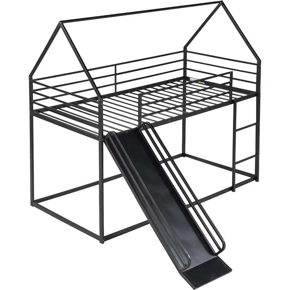 سرير بطابقين للأطفال مع منزلق، تصميم مزدوج للتوأم، سرير علوي معدني صغير، سرير آمن بطابقين للأطفال الصغار مع حاجز حماية، قابل للتحويل #6