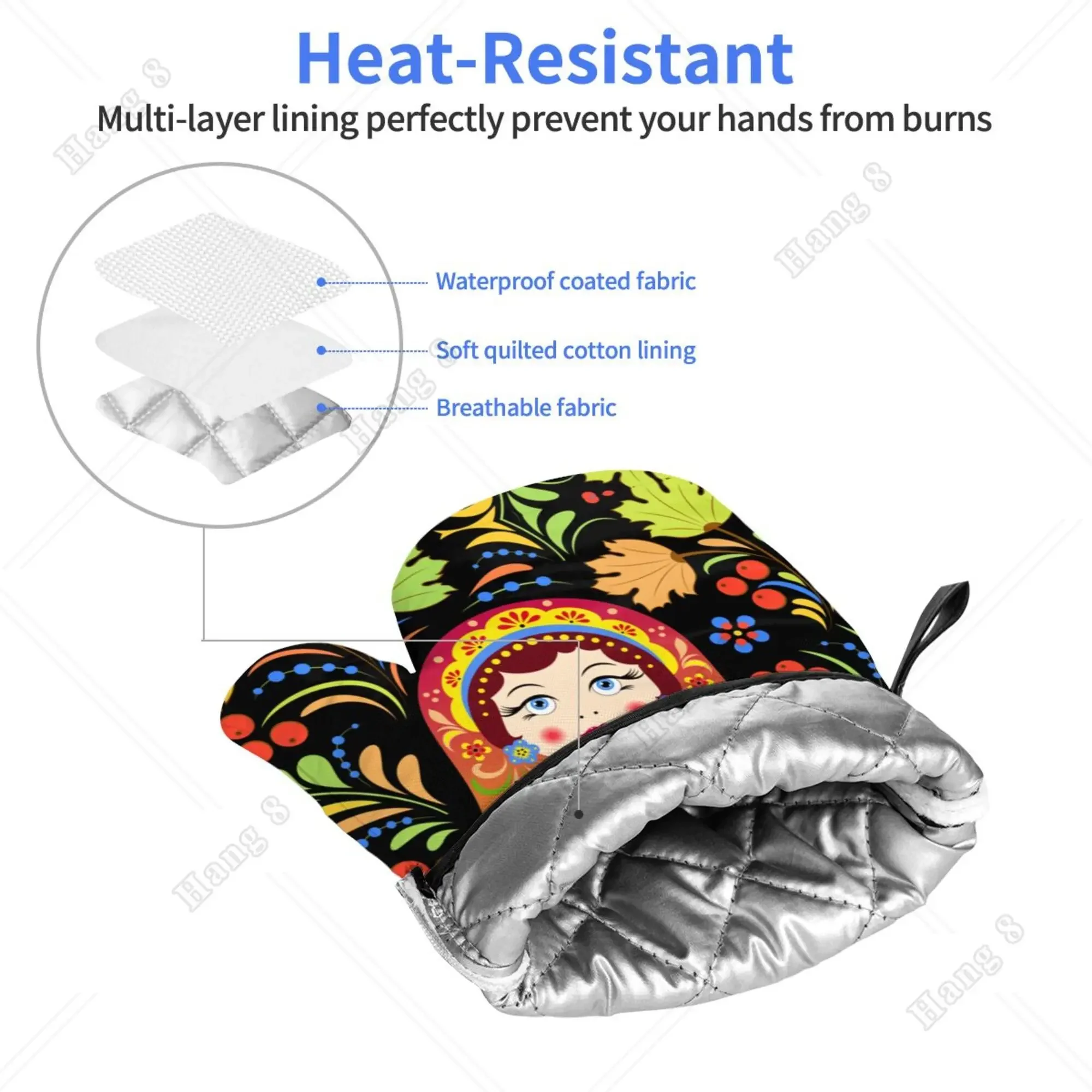 Fashion Print Russian Babushka Matryoshka Doll Set of 2 Kitchen Gloves Women Men Oven Gloves Heat Resistant for BBQ Cooking