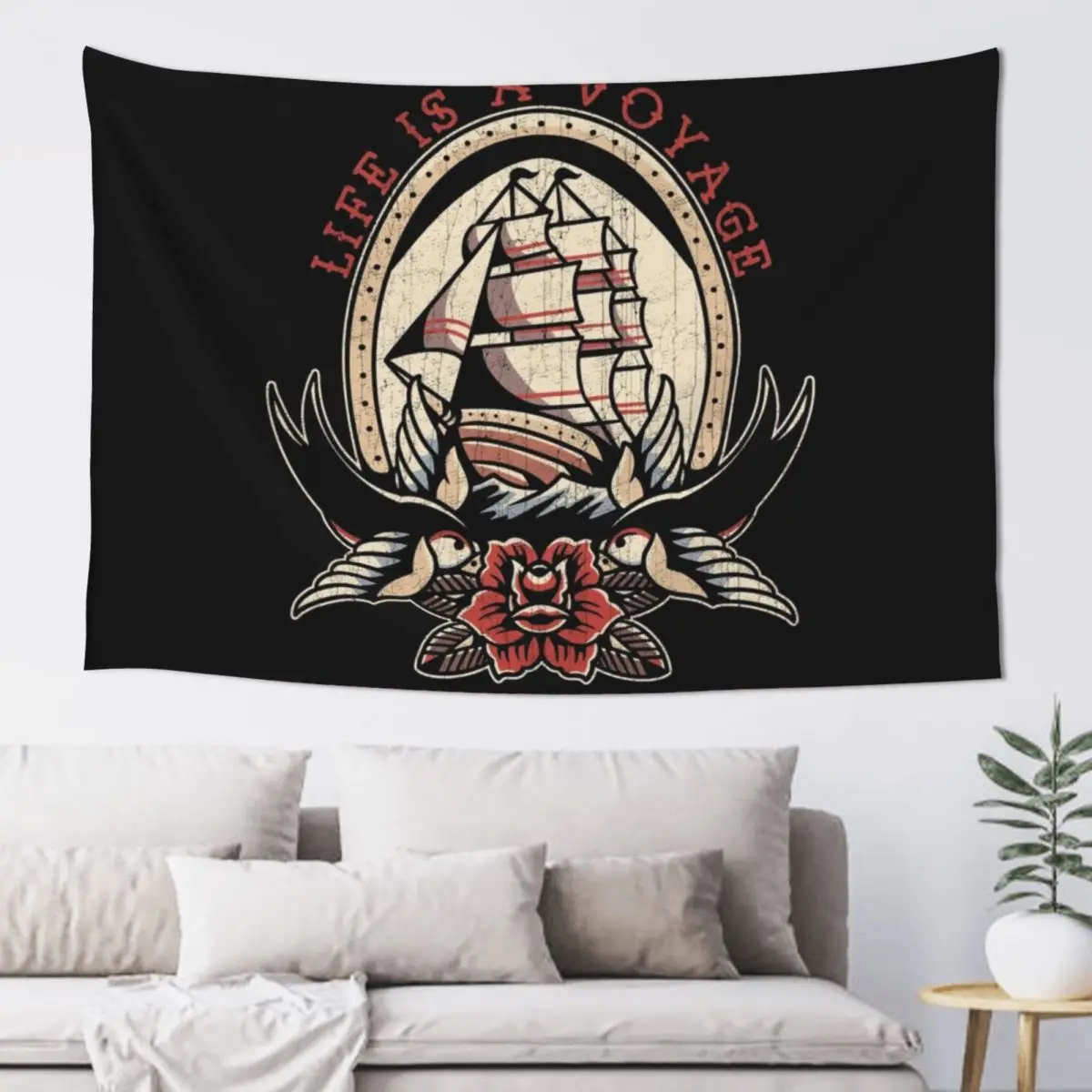 Life is a Voyage That's Homeward Bound, Old School Nautical Sailing Ship Tattoo Tapestry Room Decorating Aesthetic Tapestry