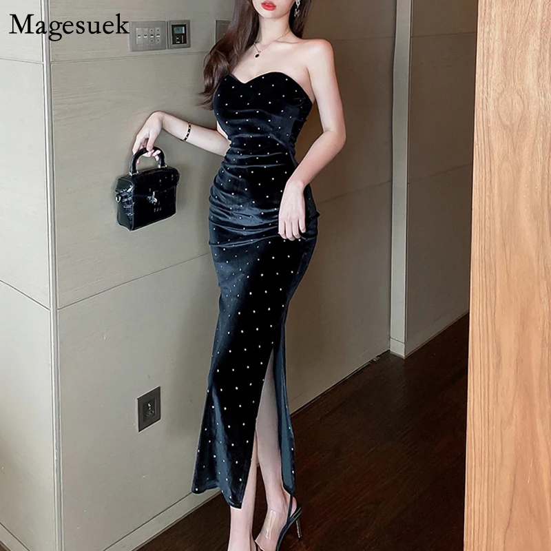 

Split Sexy Party Strapless Dress Women 2022 Spring Backless Velvet Midi Dress Women Dot Bodycon Ladies Dresses Vestidos 13179