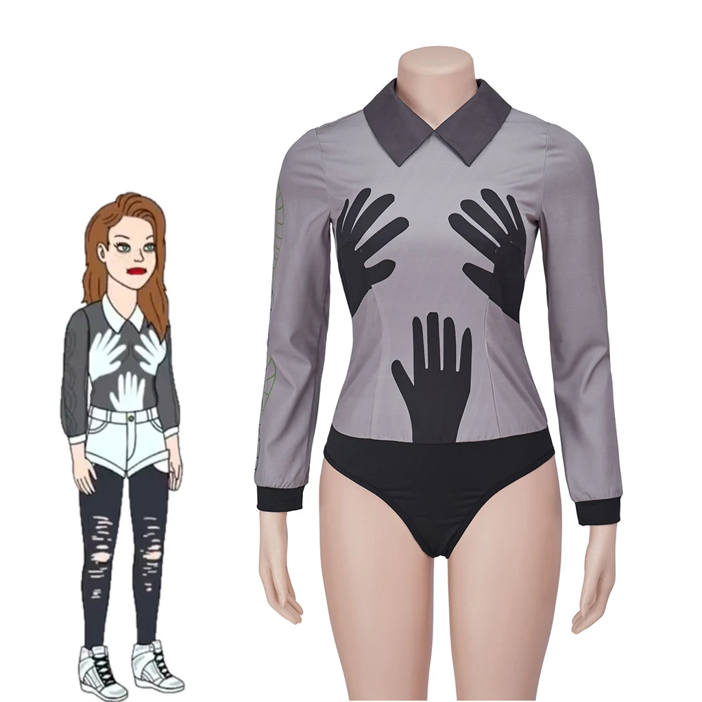 Disfraz de Sarah Lynn para mujer, traje Sexy con estampado de manos, camisa negra, mono de actuación ajustado para fiesta de Carnaval y Halloween