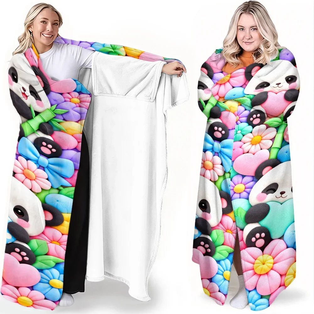 1pc Panda and Flower Print Wearable Blanket-Soft and fluffy for both men and women. Perfect for cozy breaks, gifts, and everyday