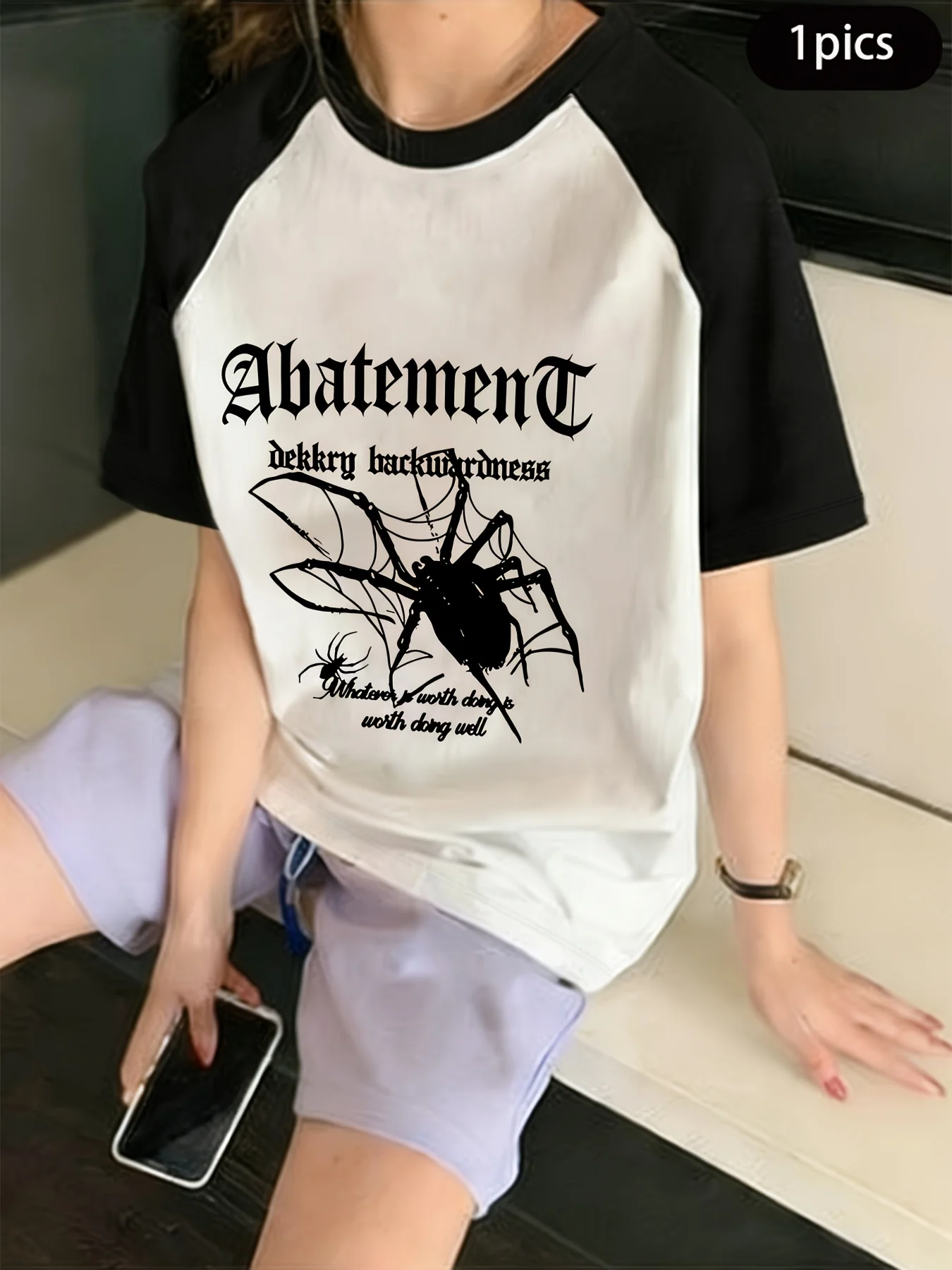 Women's Raglan Short Sleeve Sleeve Tops Fashion Trendy Casual Korean Style T Shirt Funny Spider Pattern Print T-shirt Clothes