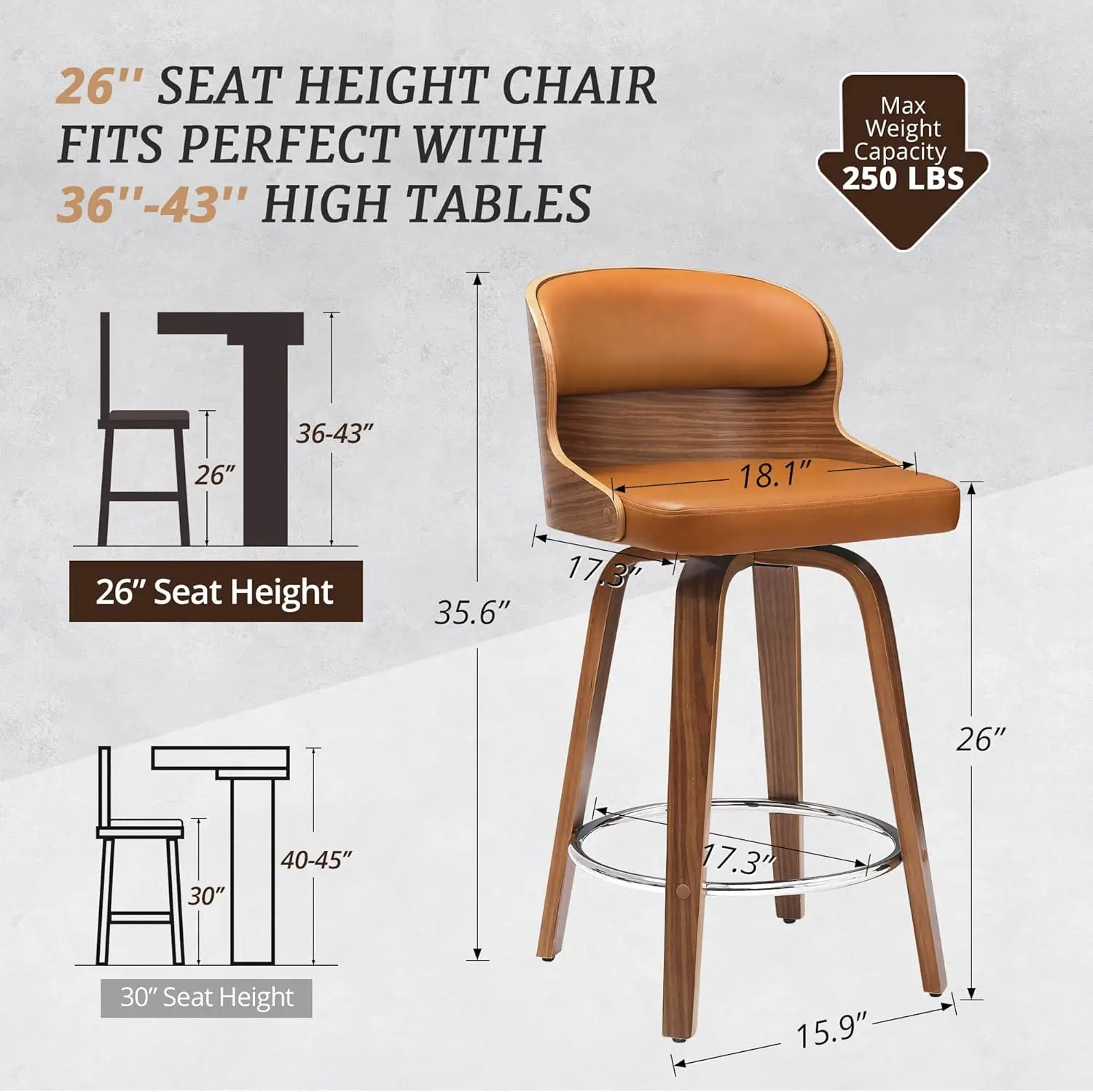 Chaises de Bar Modernes du Milieu du Siècle, avec Dossier Solide, Finition Brochette et Siège en Faux Cuir, de 26 Pouces