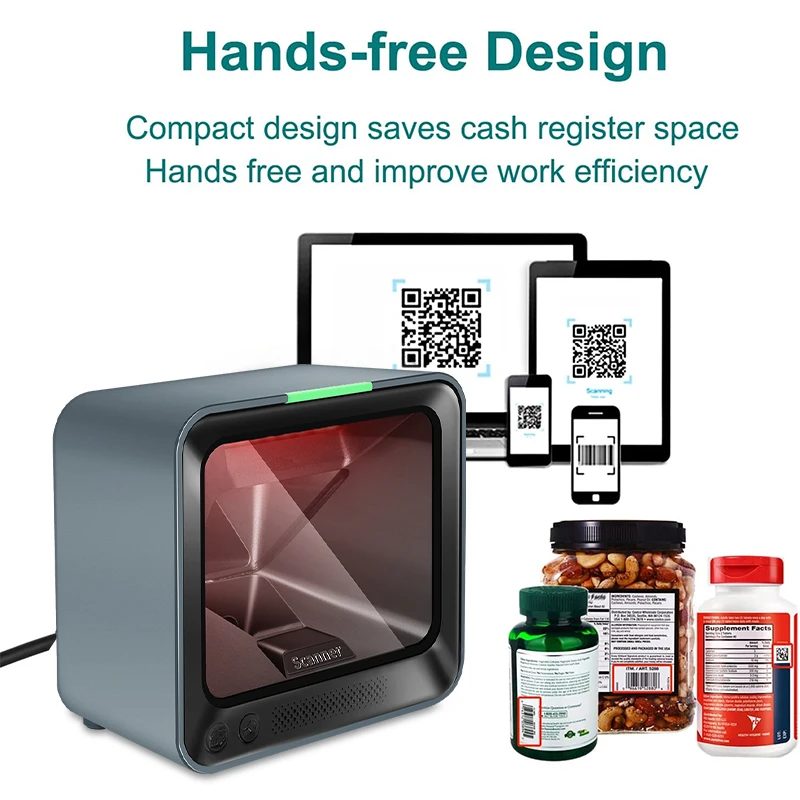 2D Handsfree Barcode Scanner QR Omnidirectional Desktop Scanner, USB Wired  Big Scan Window Barcode Reader