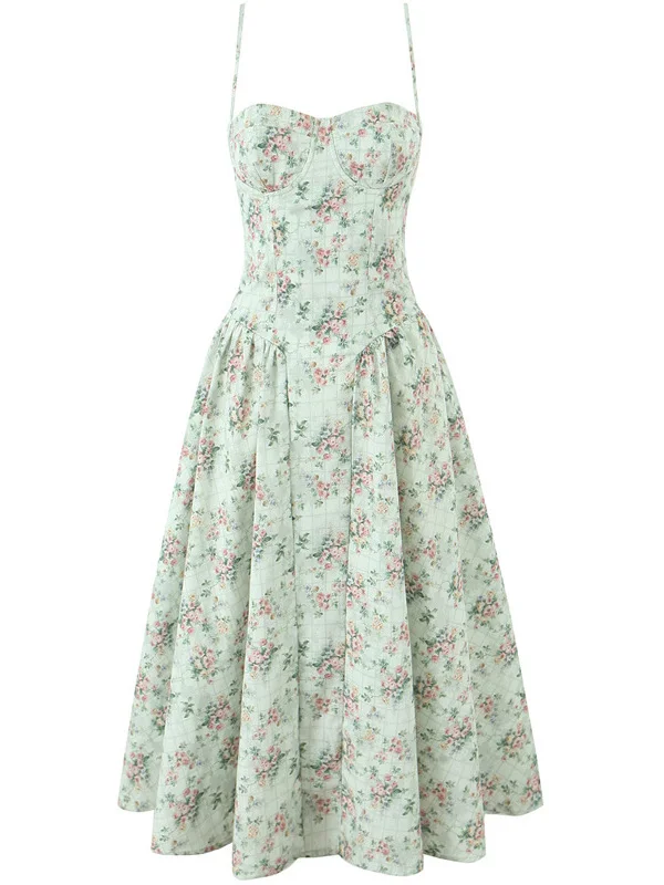 スリムフィットスチールリングウエストバンド花柄プリントスクエアネックストラップドレスレディースホリデースタイルミディ丈ドレスハイウエストサマー