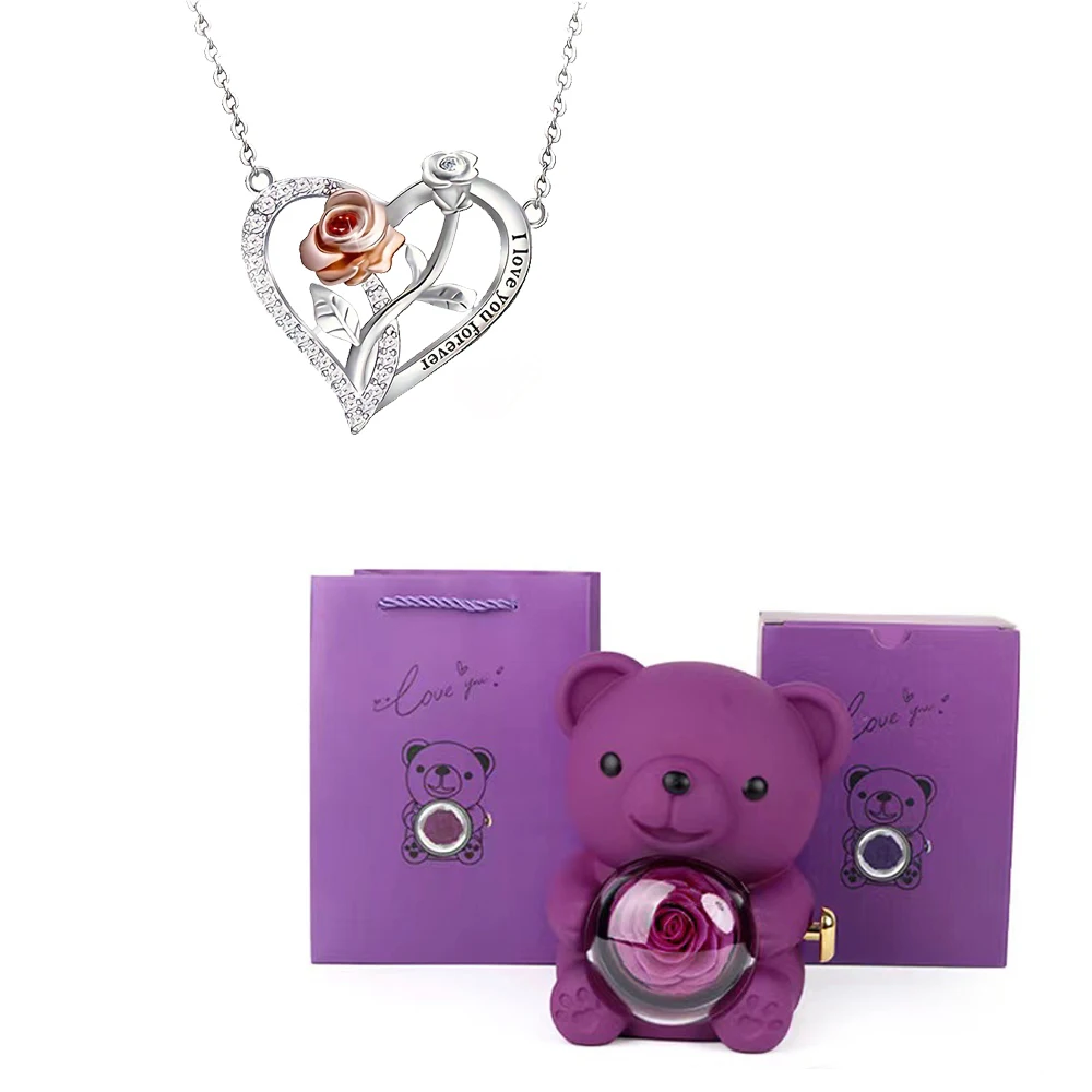 Heart Zircon Pendant Necklaces With Cute Bear Rose Flower Luxury Gift Box 2024 New Christmas Party Romantic Jewelry