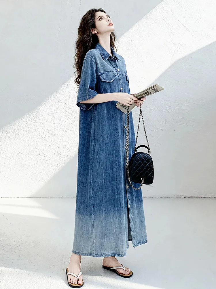 New Women Beautiful Denim Dress Summer Fashion Turn-down Collar Single Breasted Gradient Loose Dress Casual Straight Long Dress