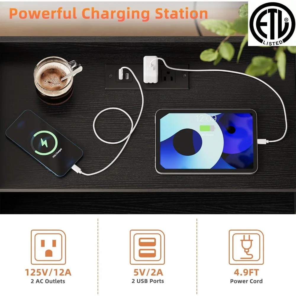 منضدة بإضاءة LED مع قاعدة شحن، منضدة مع منافذ USB ومنافذ، طاولات خشبية بجانب السرير مع درجين للتخزين