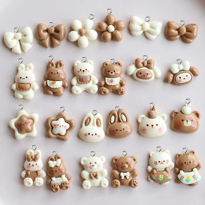 10Pcs Resin Glossy Milk Tea Color Cute Little Rabbit Cat Bear Charms Lovely Animals Flowers Star Pendants for DIY Jewelry Making