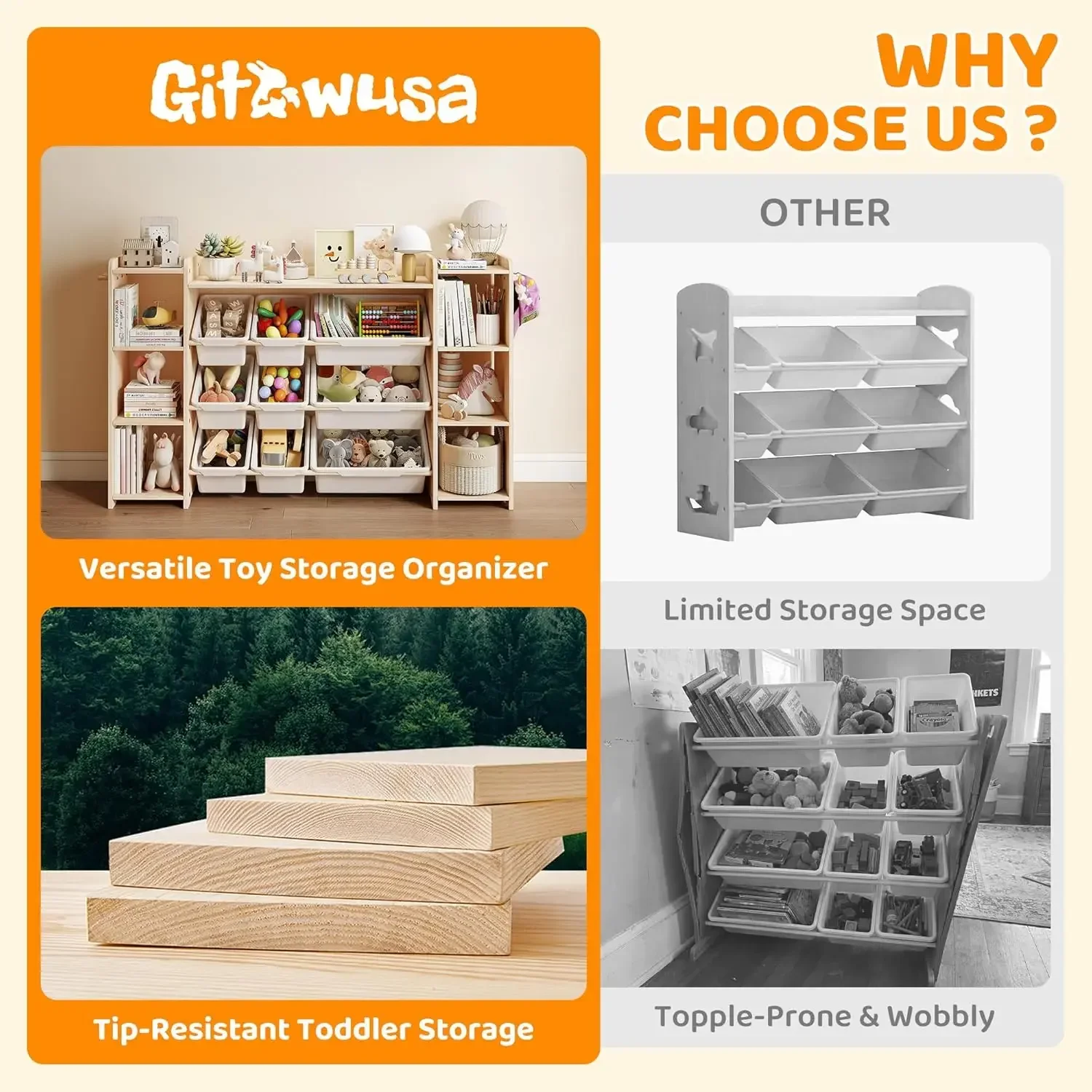GITAWUSA Toy Storage Organizer, Kids Bookshelf with 6 Shelves, 9 Bins & 6 Hooks | Shelf, Storage Bin Unit, Organizat