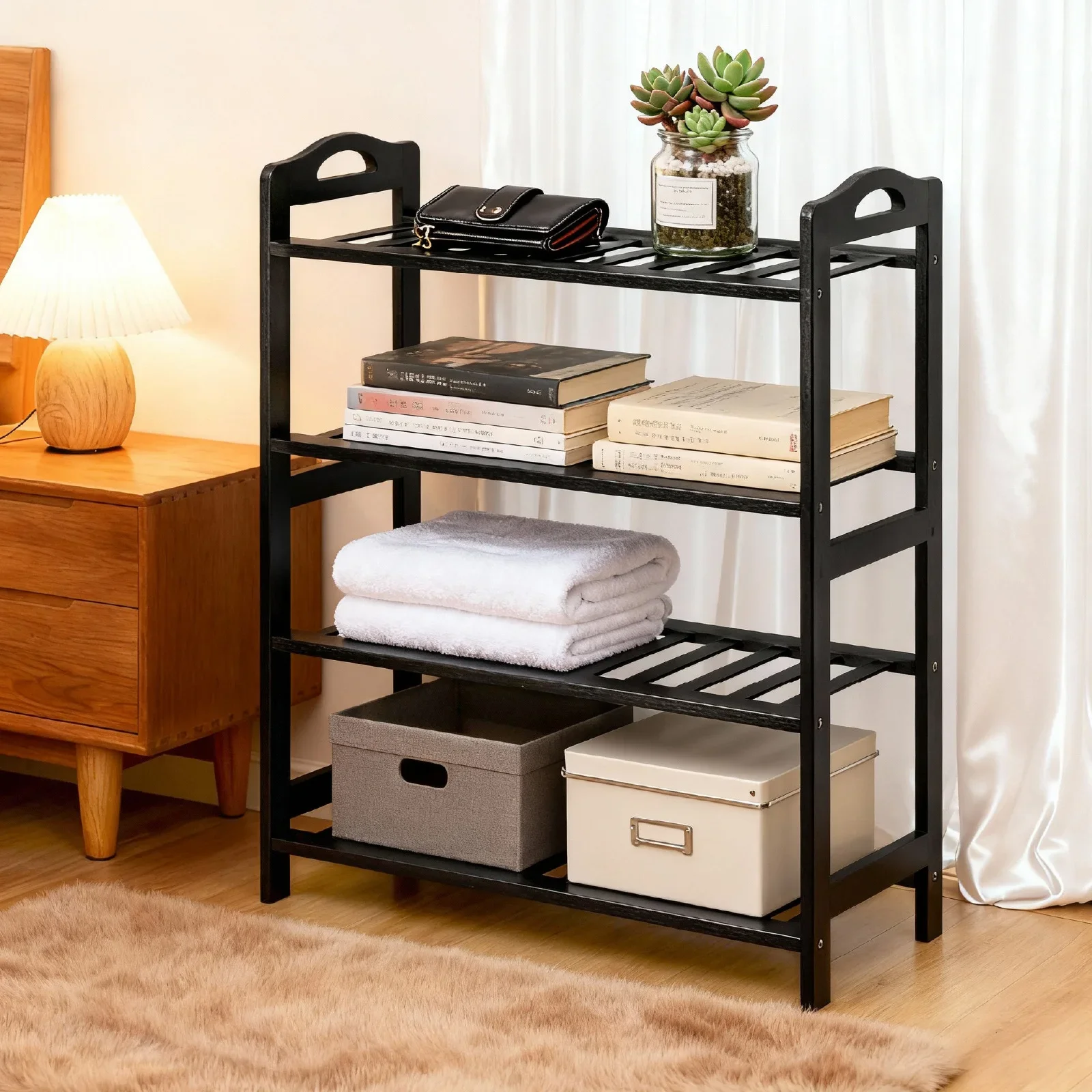 

4-ярусная бамбуковая подставка для обуви с 12 бамбуковыми планками, 68*25*73 см, черная