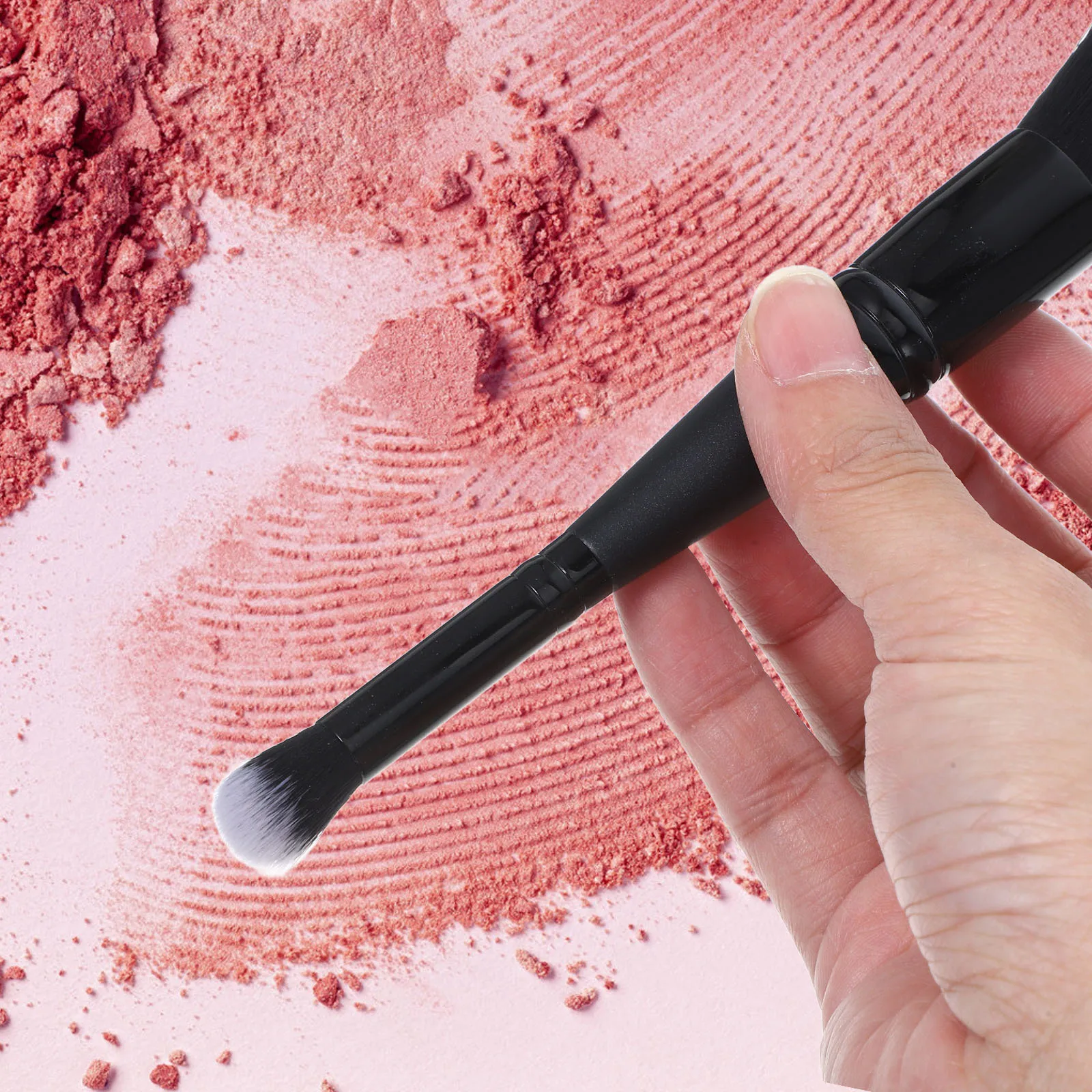 

Dual Head Flat Top Brush Short Handle Foundation Applicator for Liquid Powder Makeup Blending Soft Dense Bristles Portable Face