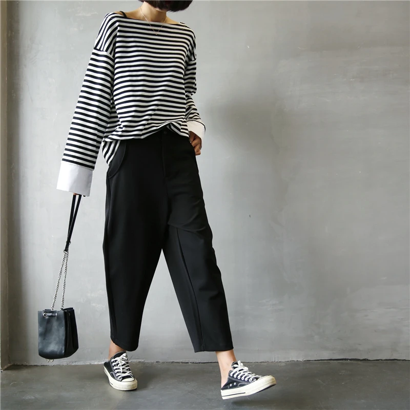 بنطلون نسائي كاجوال بخصر عالٍ ولون سادة، فضفاض بطول تسعة أرباع، على الطراز الكوري، عصري ومريح من مزيج القطن لتشكيل الساق