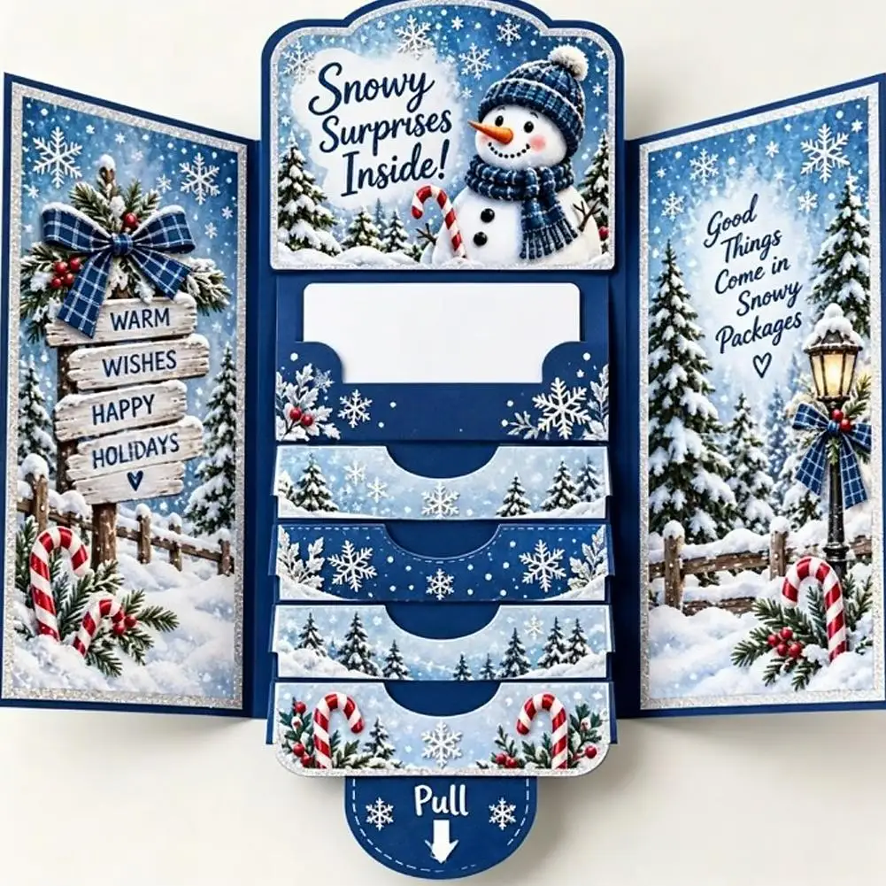 Handmade Card Booklet Pull Interactive Holiday Card Xmas Gift Card Holder For Family Friends Greeting Envelope Gifting Card