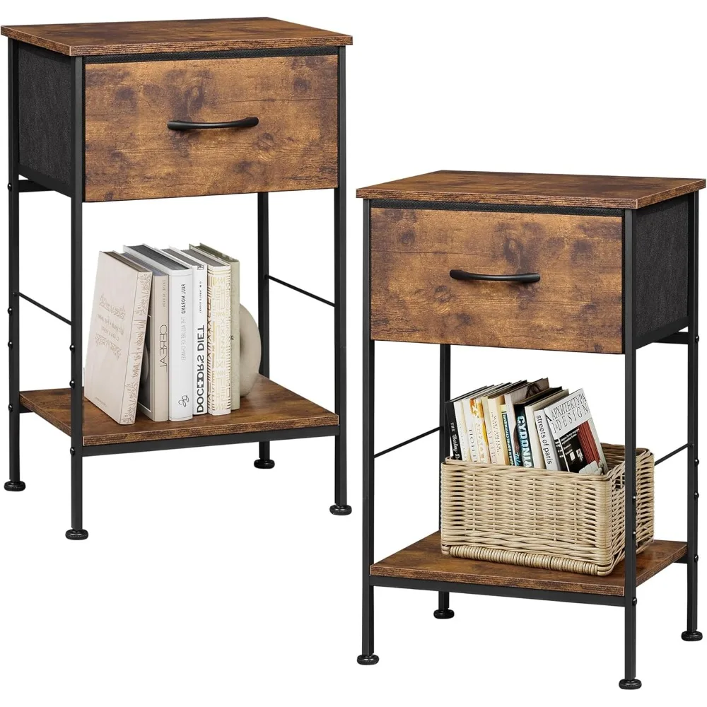 

Nightstand Set of 2, End Table with Fabric Storage Drawer and Open Wood Shelf, Bedside Furniture with Steel Frame, Side Ta