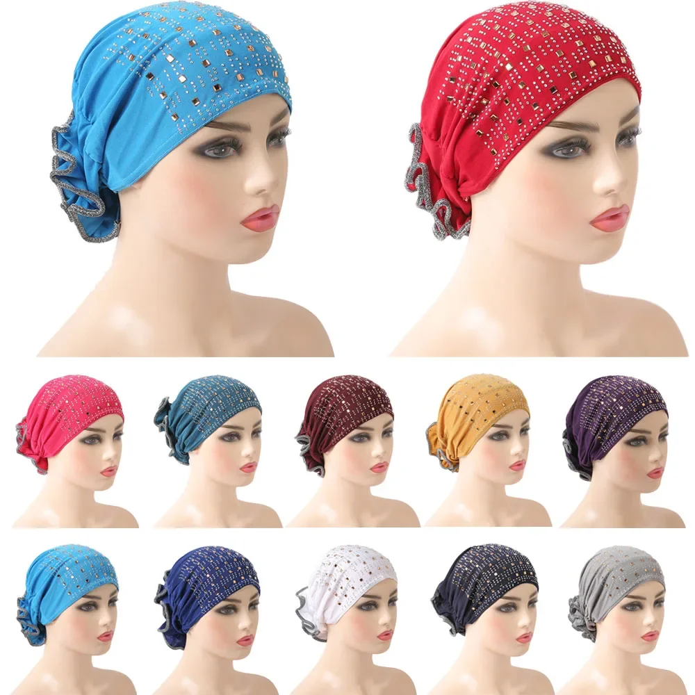 Women Muslim Indian Hats Islamic Head Cover Turban Hot Drilling Caps Arab Beanie Skullies Amira Head Wrap Sequins Hair Loss New