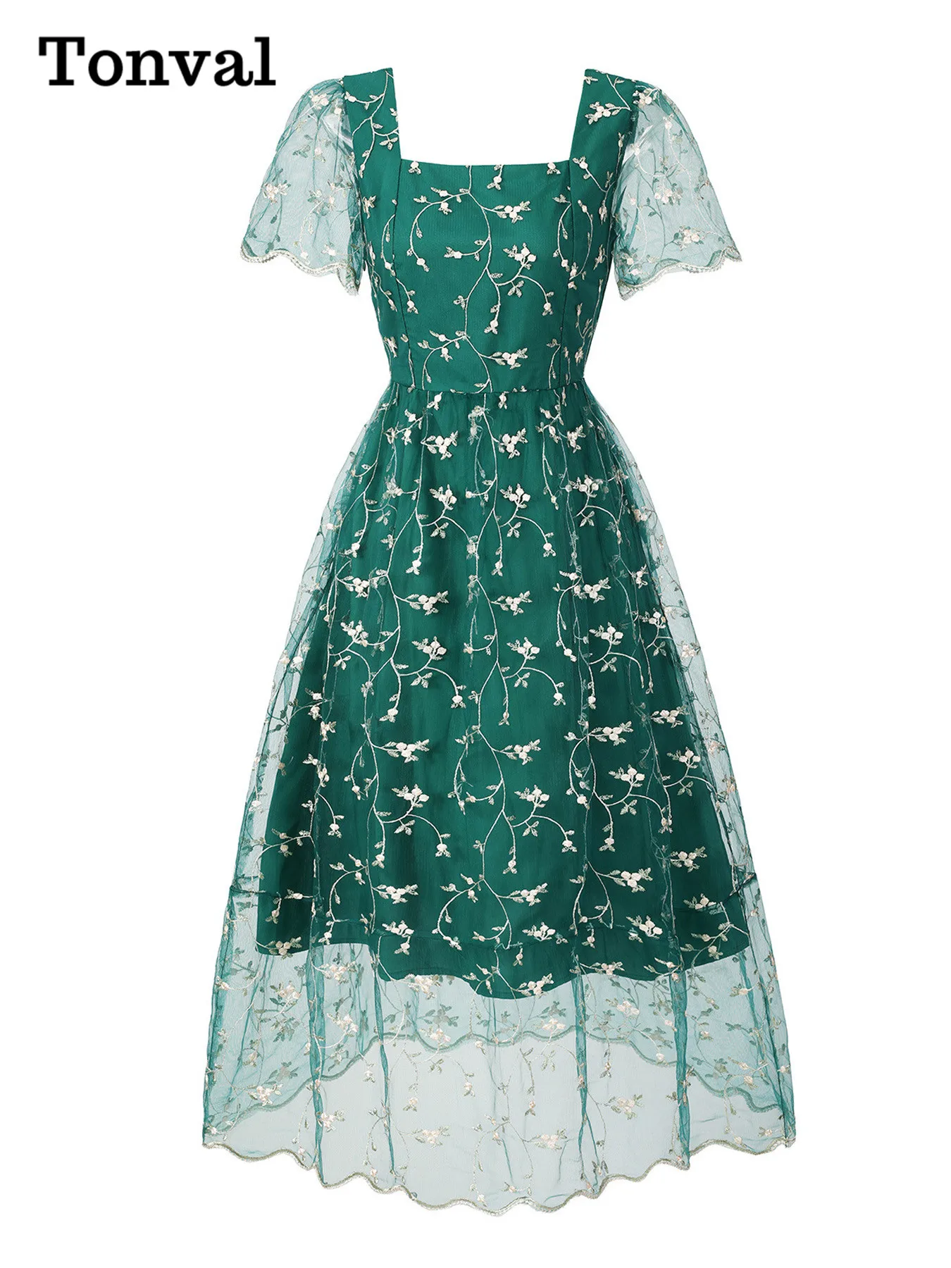 

Tonval Square Neck Green Elegant Embroidery Long Dresses Banquet Party Women Lace-Up Back Gorgeous Vintage Backless Dress