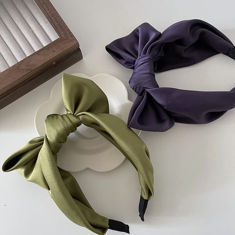 Korean version of green purple satin bow headband pressure hair reduction age cute wide-brimmed headband hair accessories