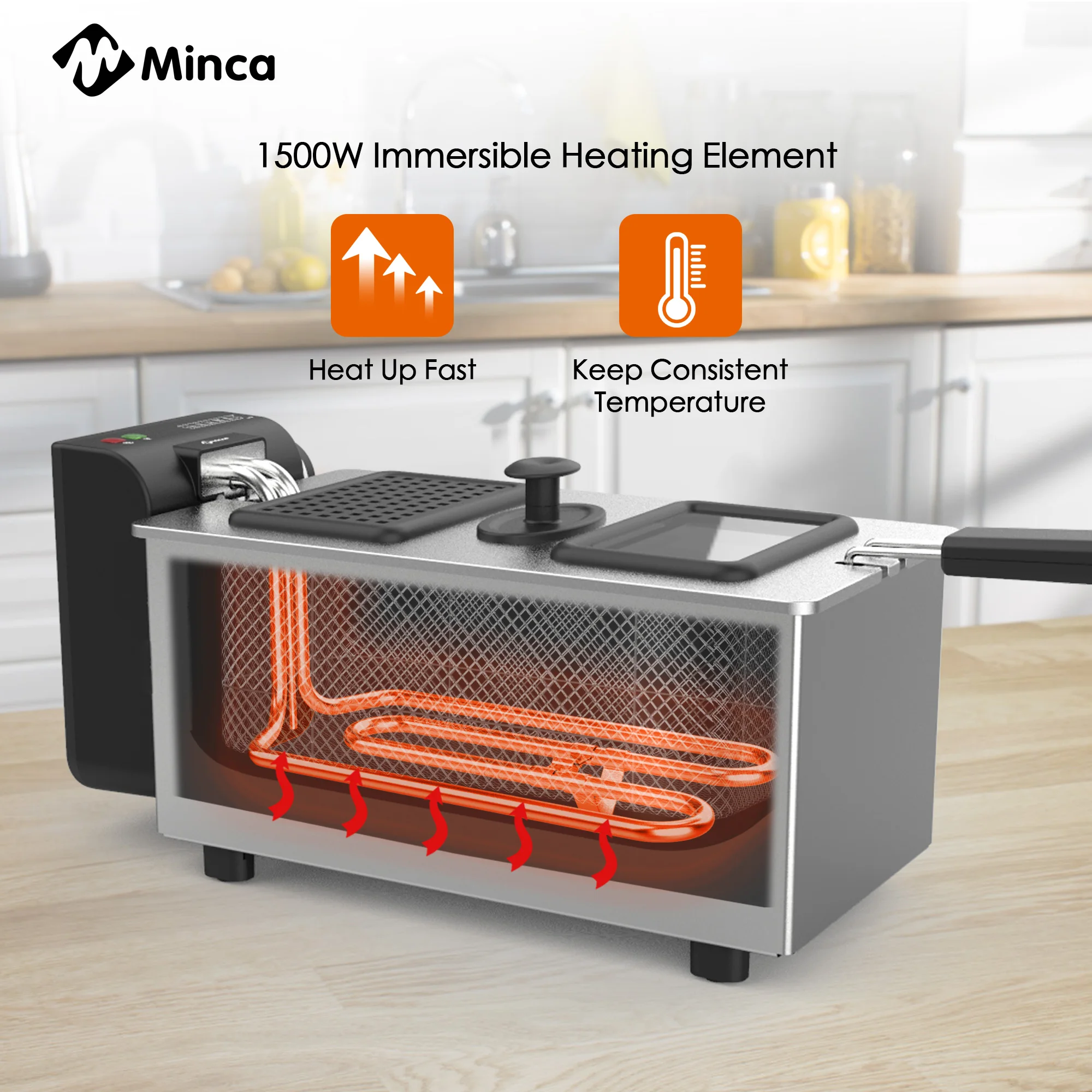 Friggitrice elettrica M Minca da 3 litri con cestello per friggere con gancio - Pentola interna in acciaio inossidabile e smalto da 1500 W, controllo della temperatura regolabile